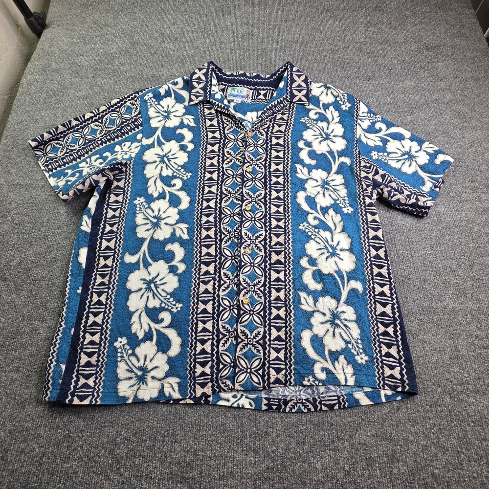 RJC Hawaiian Shirt Men's XL Blue Floral Hibiscus Tribal Print Cotton Made in USA